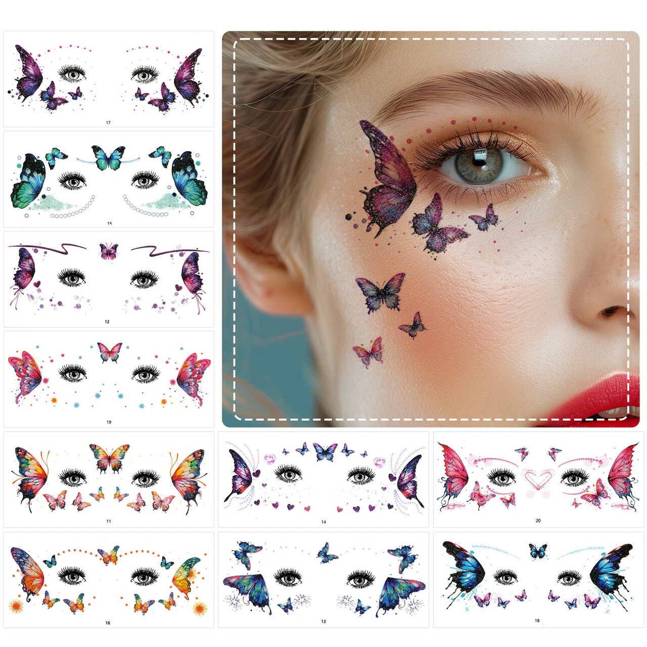 Wrapables Waterproof Glitter Butterfly Temporary Face Tattoos for Women, Eye and Facial Makeup for Parties, Beach, Festivals (10 Sheets)